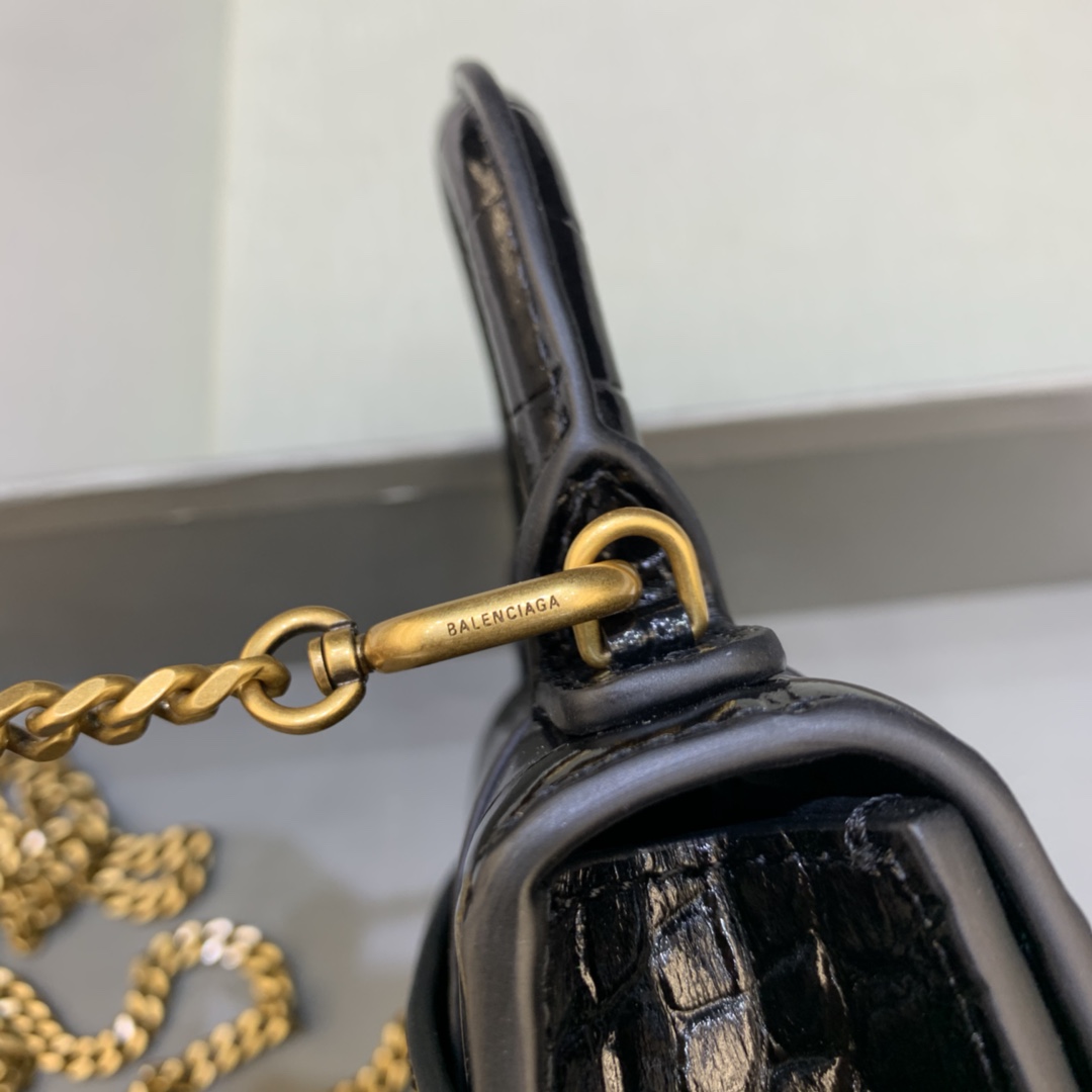 Balenciaga Hourglass Mini Handbag With Chain Crocodile Embossed Shoulder Bag Black